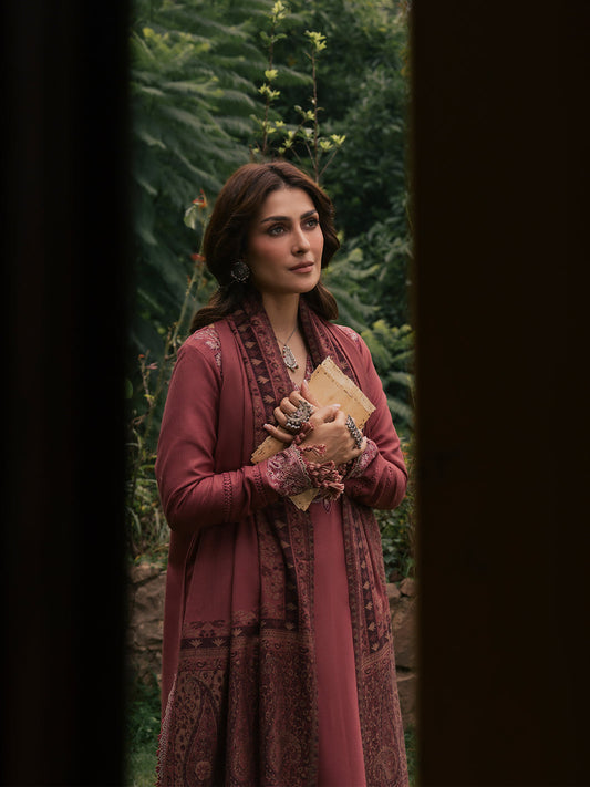Zeba – Dusty Rose Embroidered Winter Suit For Women