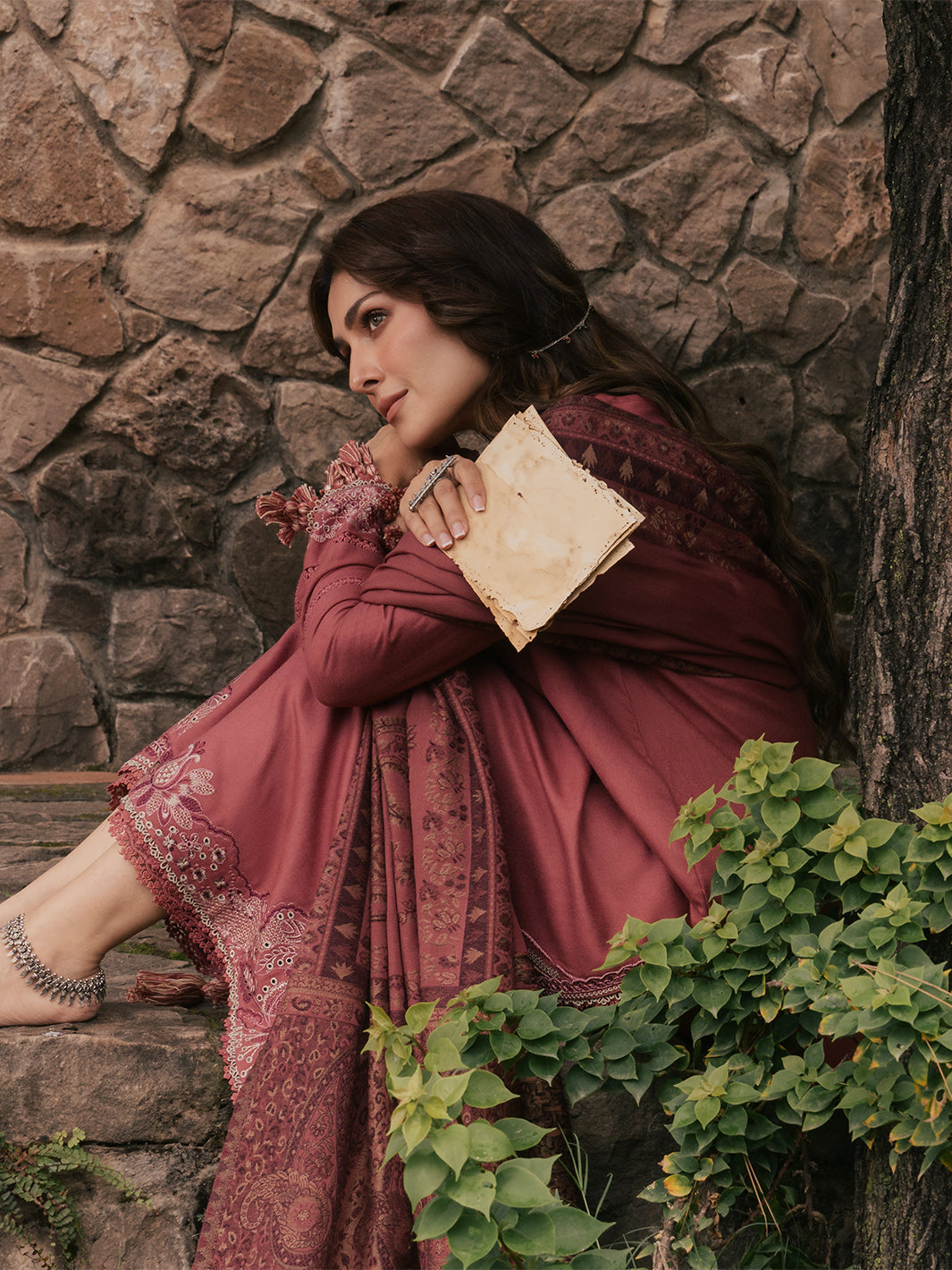 Zeba – Dusty Rose Embroidered Winter Suit For Women