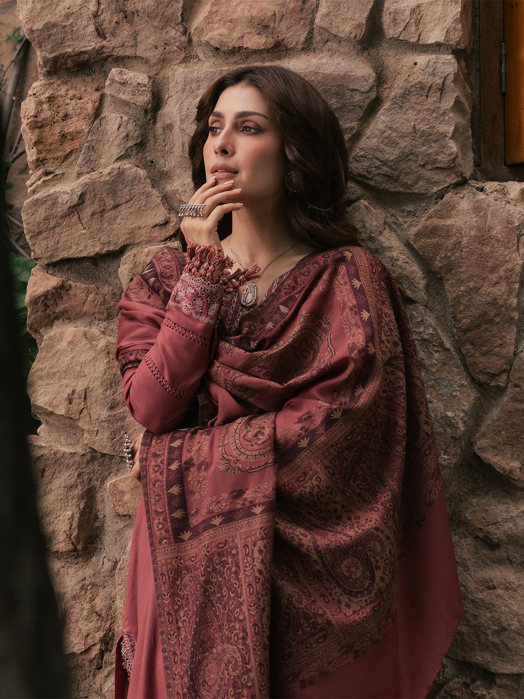 Zeba – Dusty Rose Embroidered Winter Suit For Women