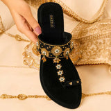 Luxury Black Velvet Embellished Kolhapuri For Women
