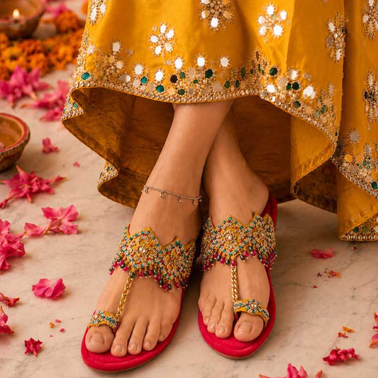 Deep Yellow Embellished Kolhapuri Sandals For Women