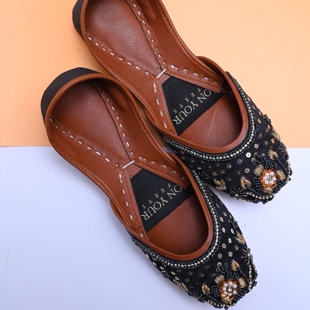 Exclusive Handcrafted Black Raw Silk Khussas For Women