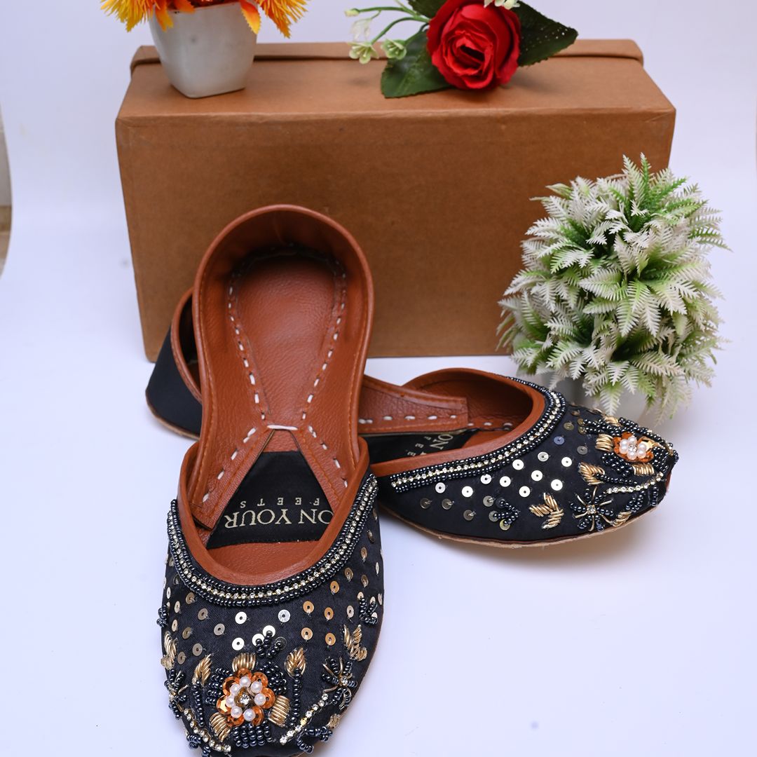 Exclusive Handcrafted Black Raw Silk Khussas For Women