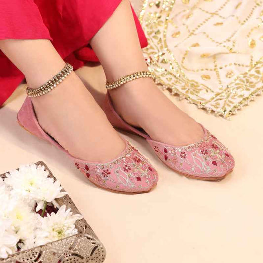 Blush Pink Floral Embellished Velvet Khussa For Women