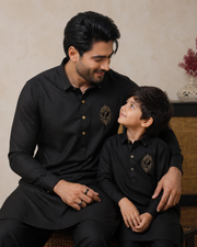 Black Father & Son Matching Kameez Shalwar Set For Men & Kid