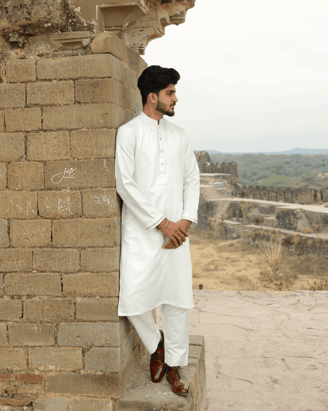 White 2-Piece Brocade Suit with Golden Detailing And With Pant For Men