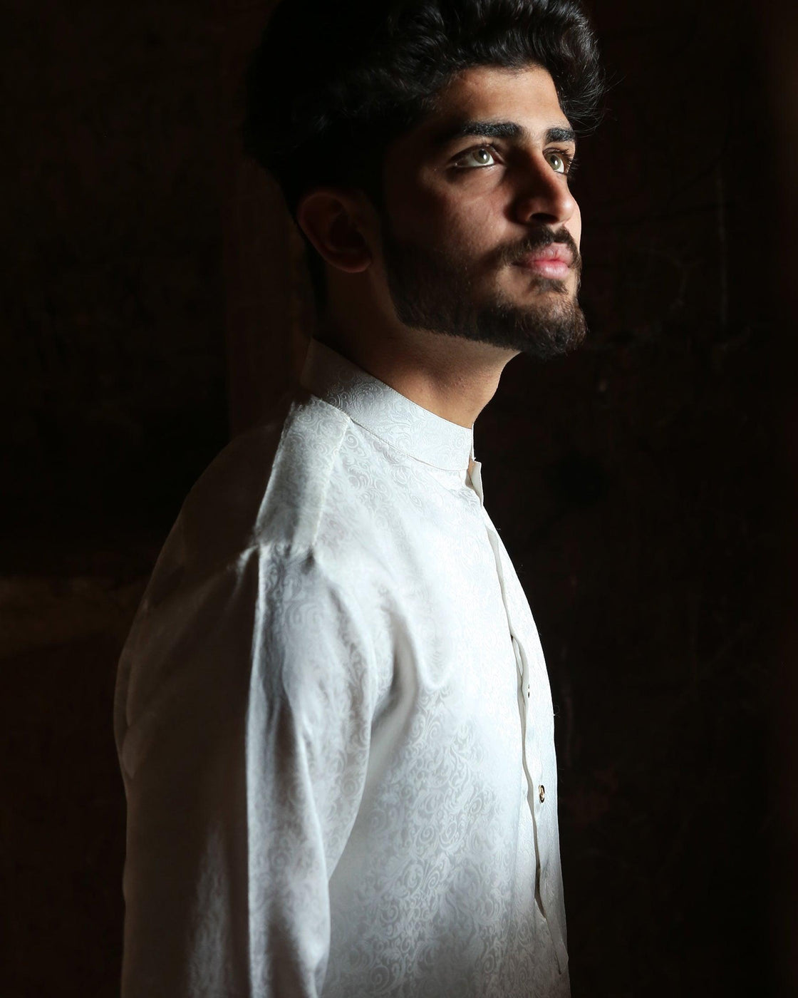 White 2-Piece Brocade Suit with Golden Detailing And With Pant For Men