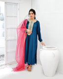 Royal Peacock Blue Pleated Silk 3-Piece Suit For Women
