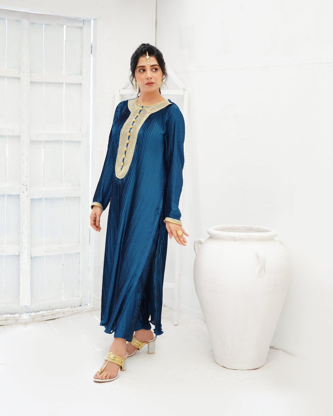 Royal Peacock Blue Pleated Silk 3-Piece Suit For Women