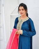 Royal Peacock Blue Pleated Silk 3-Piece Suit For Women