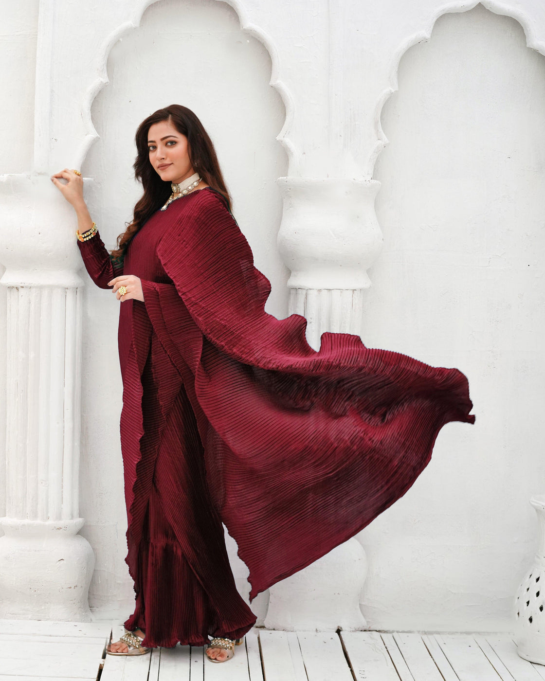 Sapphire Pleated Silk Gown Saree For Women