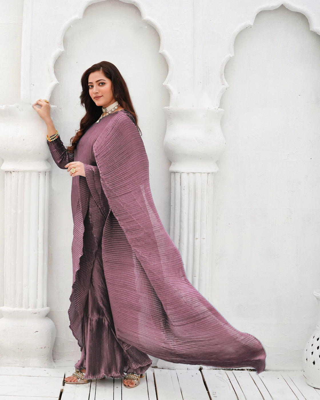 Sapphire Pleated Silk Gown Saree For Women