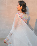 Chandni White Organza Saree with Embroidered Blouse For Women