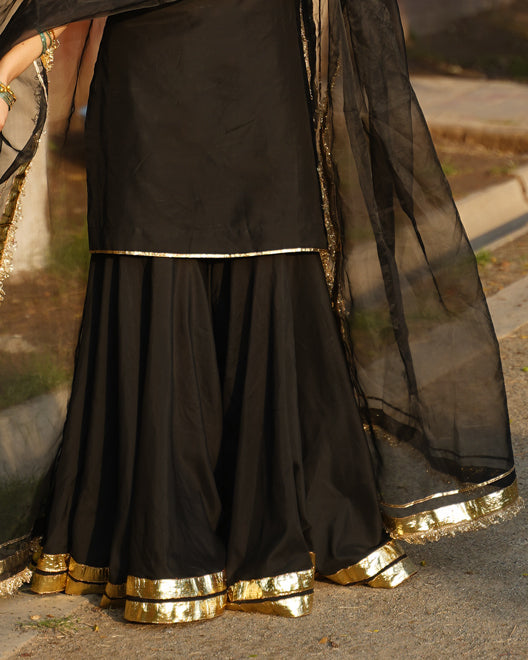 Kamli – Black Cotton Silk Gharara 3 Piece Set For Women