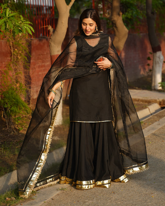 Kamli – Black Cotton Silk Gharara 3 Piece Set For Women
