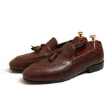 Brown Printed Leather Adorned With Tassel Shoes For Men