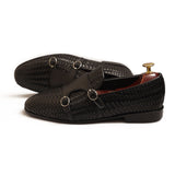 Black Woven Leather With Hand Weaving Adorned With Monk Strap Shoes For Men