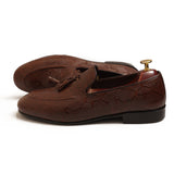 Brown Printed Leather Adorned With Tassel Shoes For Men