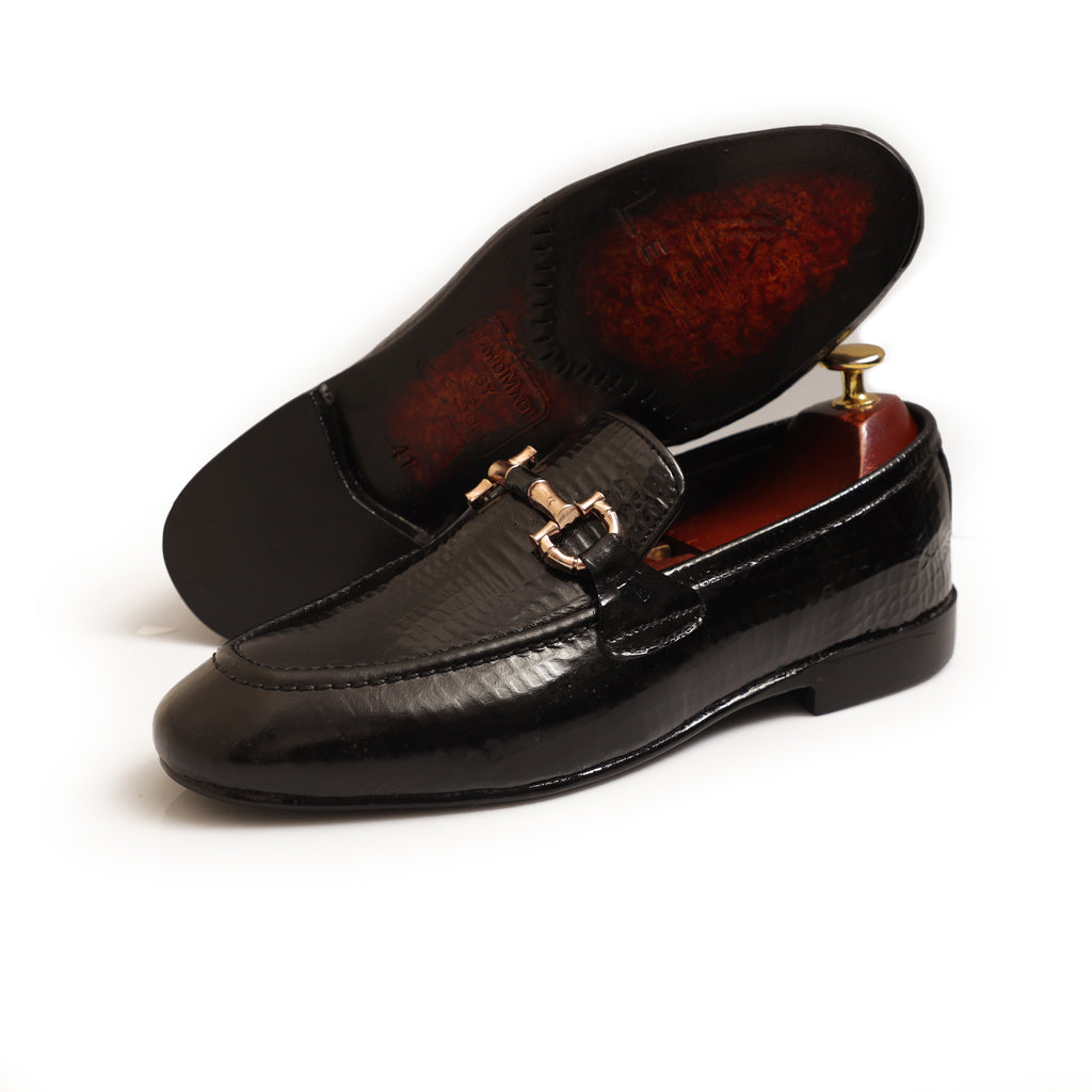 Black High Shine Printed Leather With Golden Buckle Shoes For Men