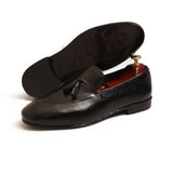 Black Printed Leather Adorned With Tassel Round Shaped Shoes For Men