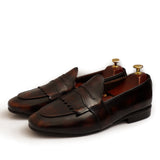 Brown Two Tone Cow Leather With Tie & Fringes Shoes For Men