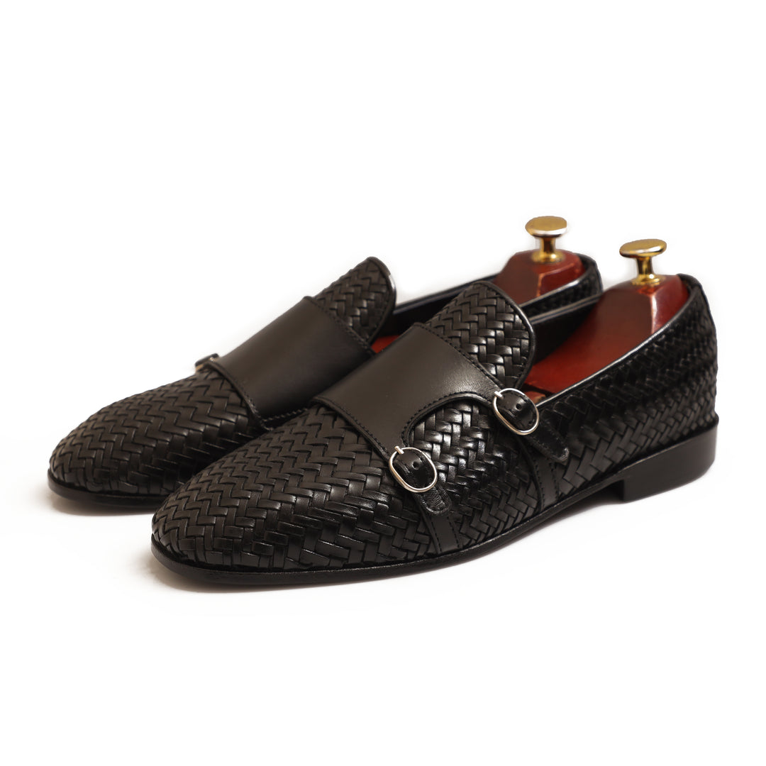 Black Woven Leather With Hand Weaving Adorned With Monk Strap Shoes For Men