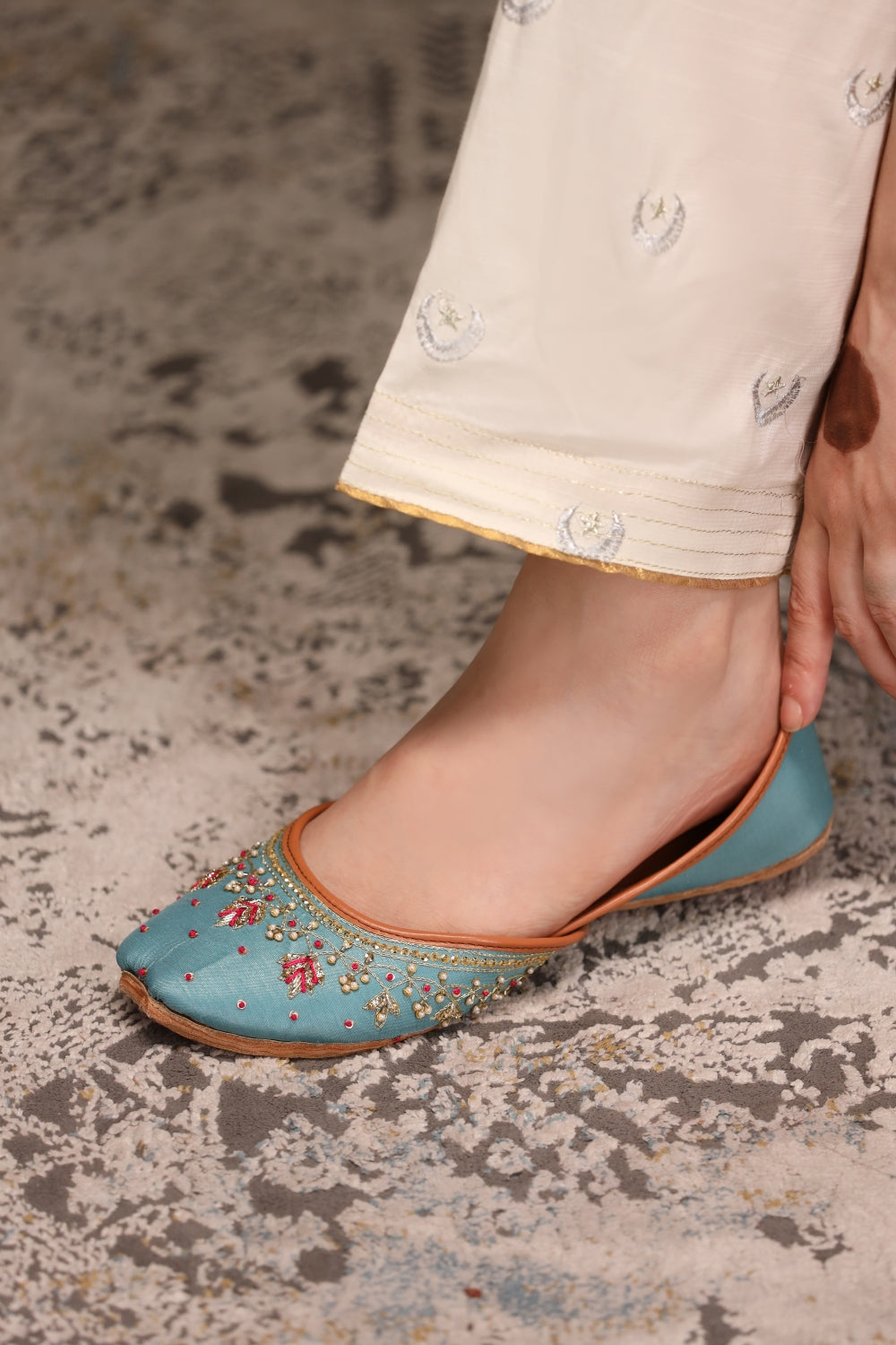 Dastoor Aqua Blue Embellished Khussa For Women