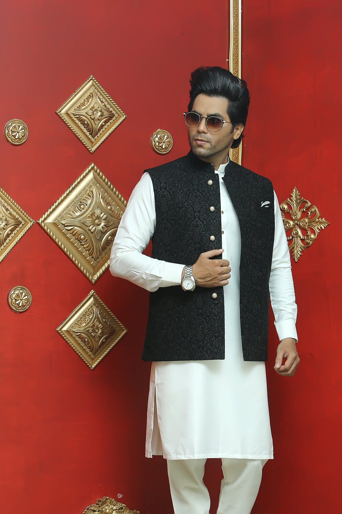 Elegant Black Embroidered Waist Coat For Men