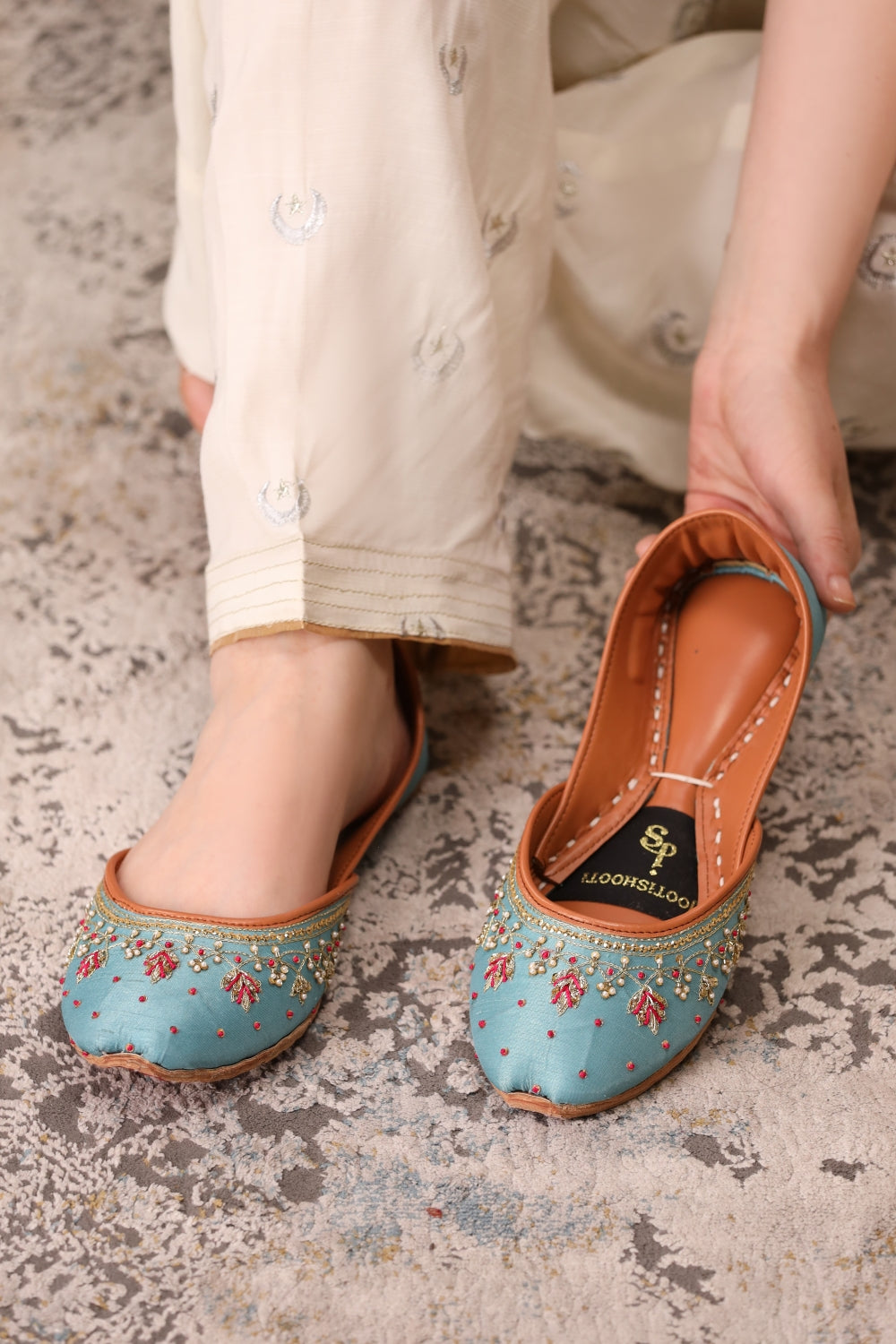 Dastoor Aqua Blue Embellished Khussa For Women