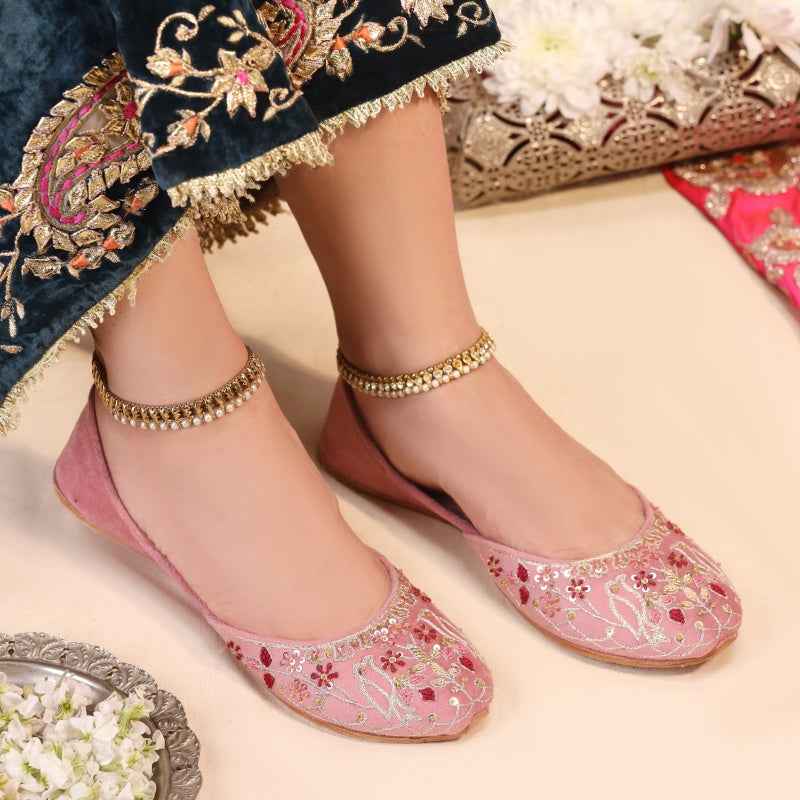 Blush Pink Floral Embellished Velvet Khussa For Women