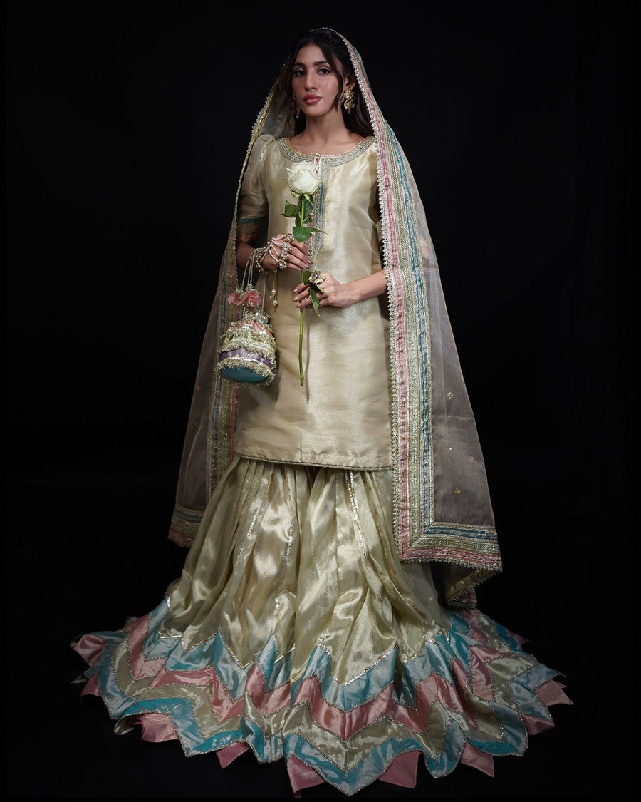 Laqaa Patchwork Tissue Gharara 3-Piece Suit For Women