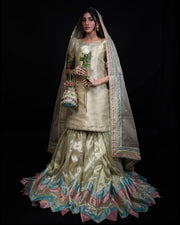 Golden 3-Piece Patchwork Tissue Gharara – Laqaa For Women