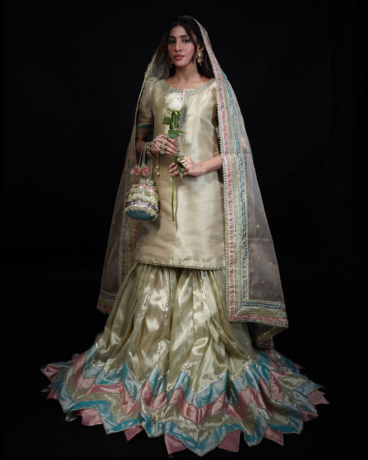 Golden 3-Piece Patchwork Tissue Gharara – Laqaa For Women