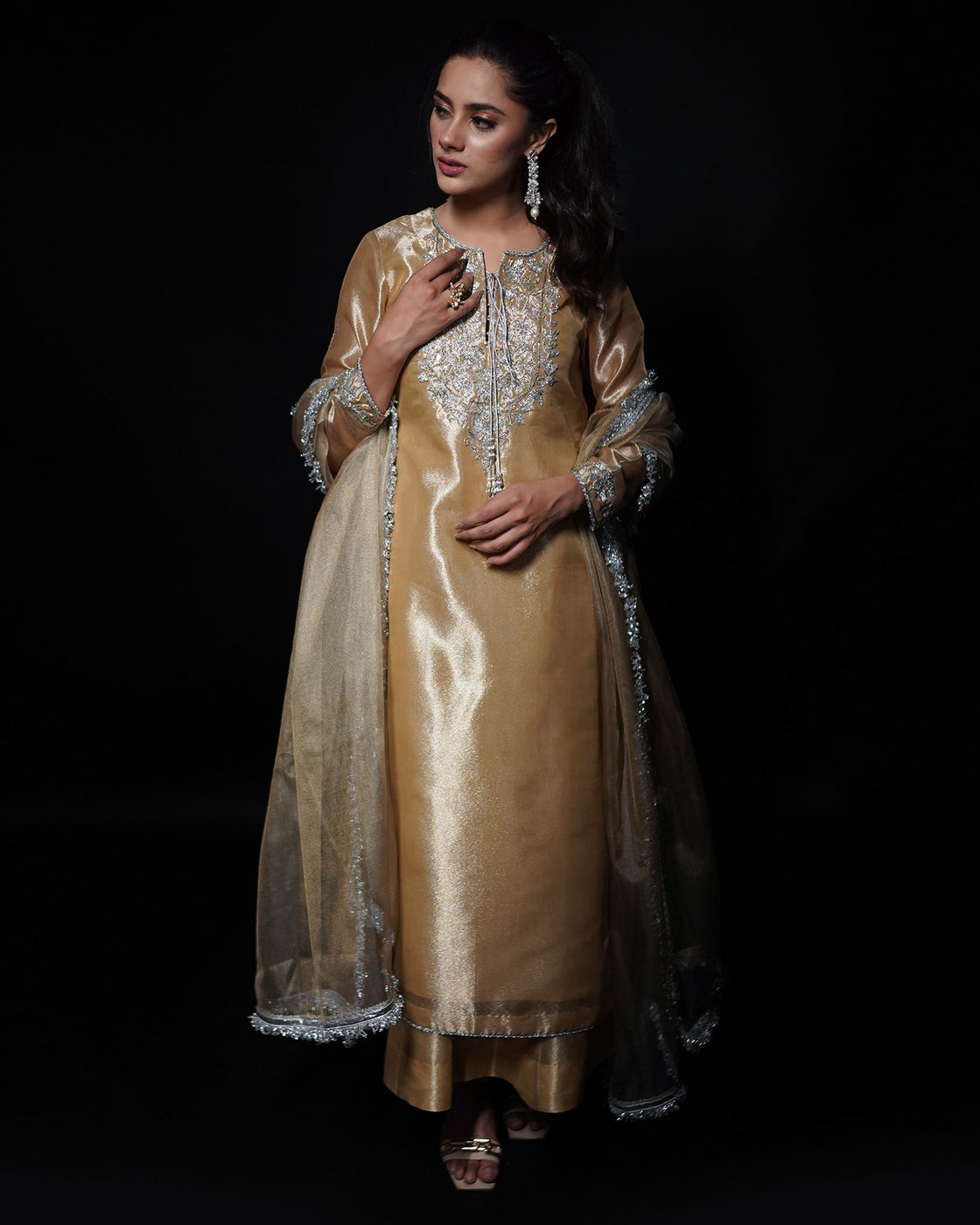 Ayla Golden Embroidered 3-Piece Formal Suit For Women