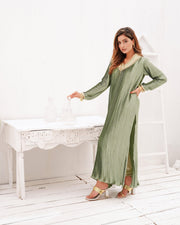 Pleated Silk Tunic with Organza Dupatta & Raw Silk Pants For Women