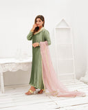 Pleated Silk Tunic with Organza Dupatta & Raw Silk Pants For Women