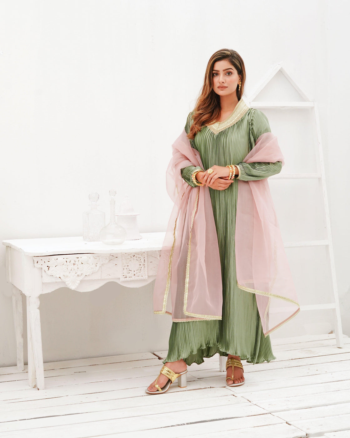Pleated Silk Tunic with Organza Dupatta & Raw Silk Pants For Women