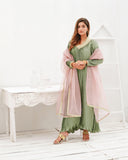 Pleated Silk Tunic with Organza Dupatta & Raw Silk Pants For Women