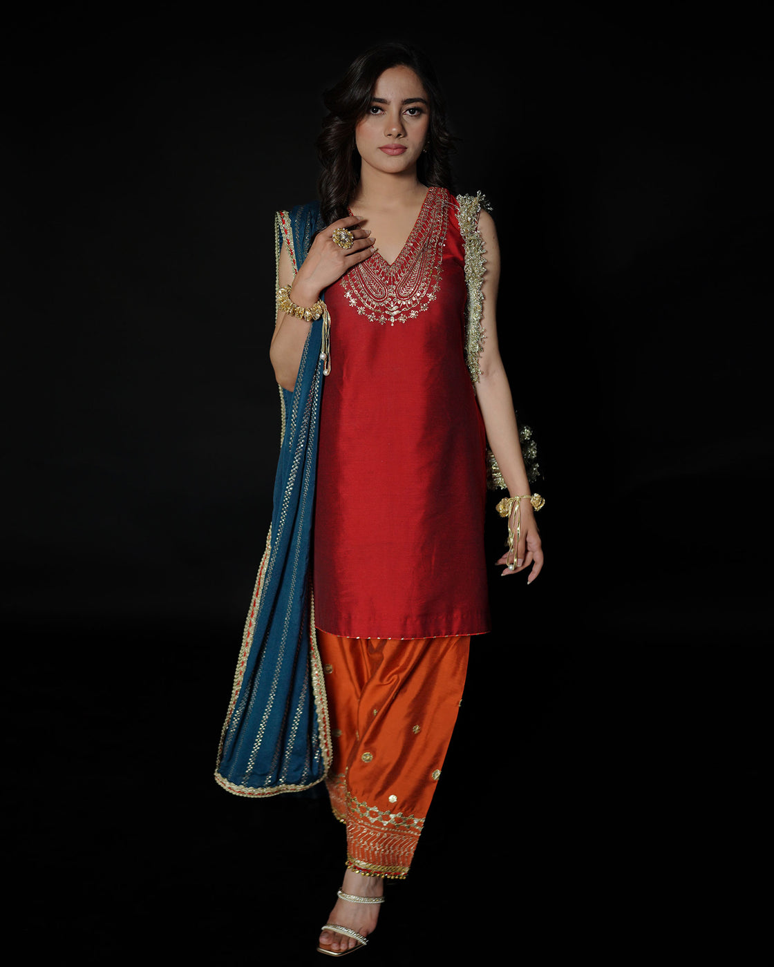 Red 3-Piece Embroidered Cotton Silk Suit – Keva For Women