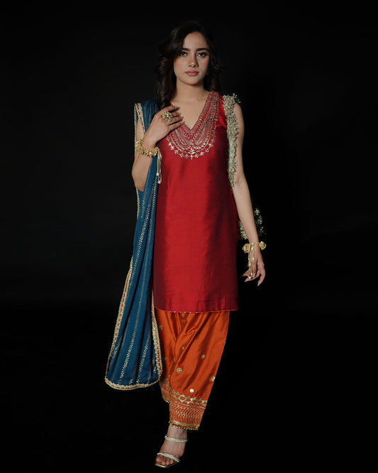 Red 3-Piece Embroidered Cotton Silk Suit – Keva For Women