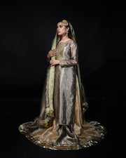 Grey and Golden 3-Piece Embroidered Tissue Lehenga – Saanvi For Women