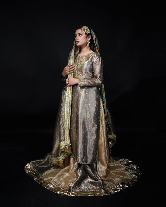 Grey and Golden 3-Piece Embroidered Tissue Lehenga – Saanvi For Women