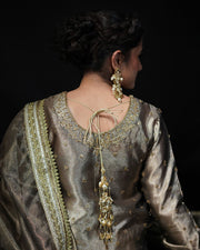 Grey and Golden 3-Piece Embroidered Tissue Lehenga – Saanvi For Women