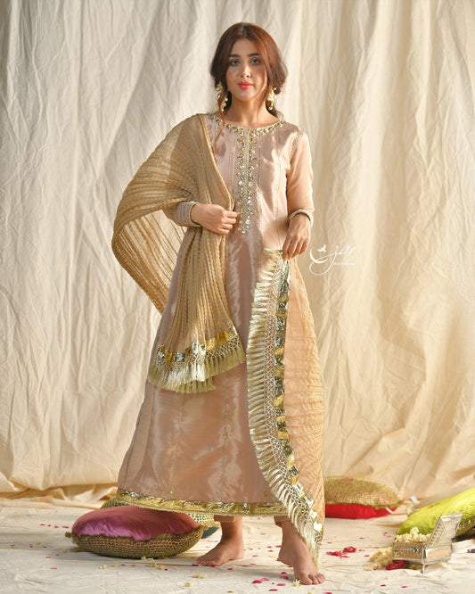 Konpal Rose Gold Embroidered 3-Piece Kalidar Suit For Women