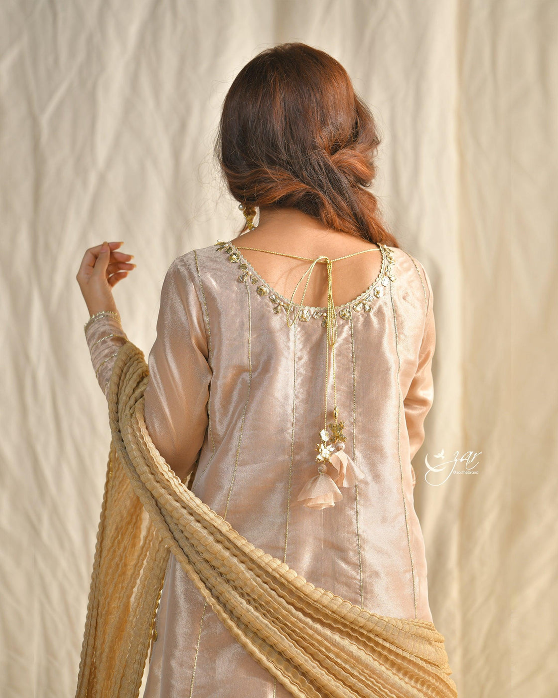 Konpal Rose Gold Embroidered 3-Piece Kalidar Suit For Women