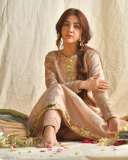 Konpal Rose Gold Embroidered 3-Piece Kalidar Suit For Women