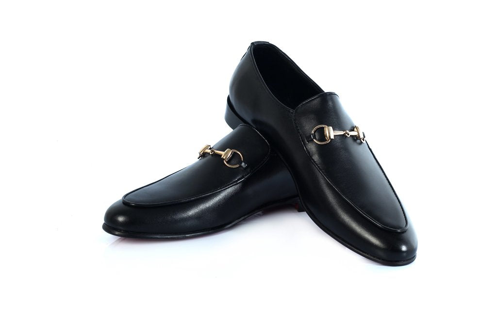 Black Shinny Leather With Golden Buckle Shoes For Men