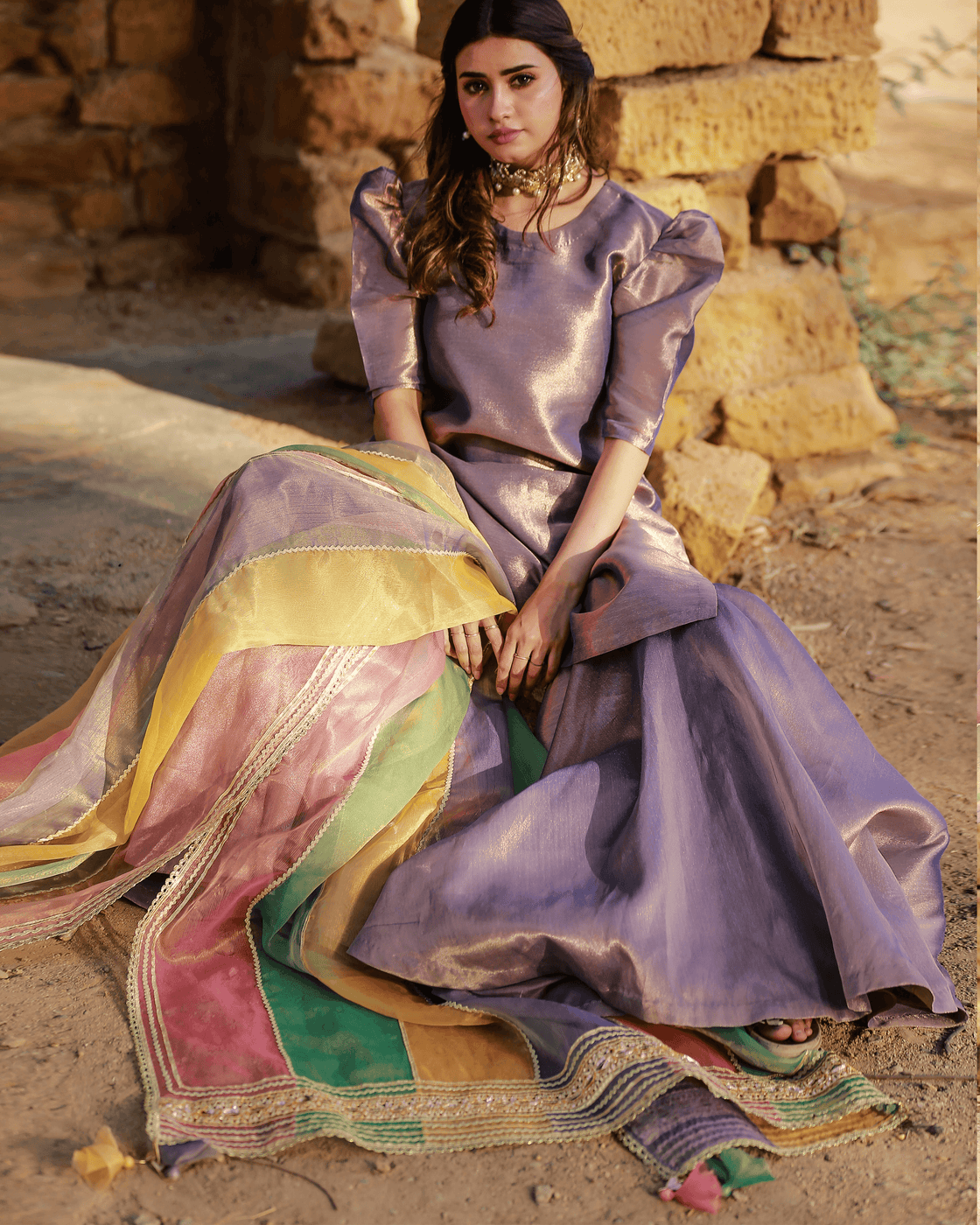 Gul Yaas – 3 Piece Lilac Tissue Gharara Set For Women