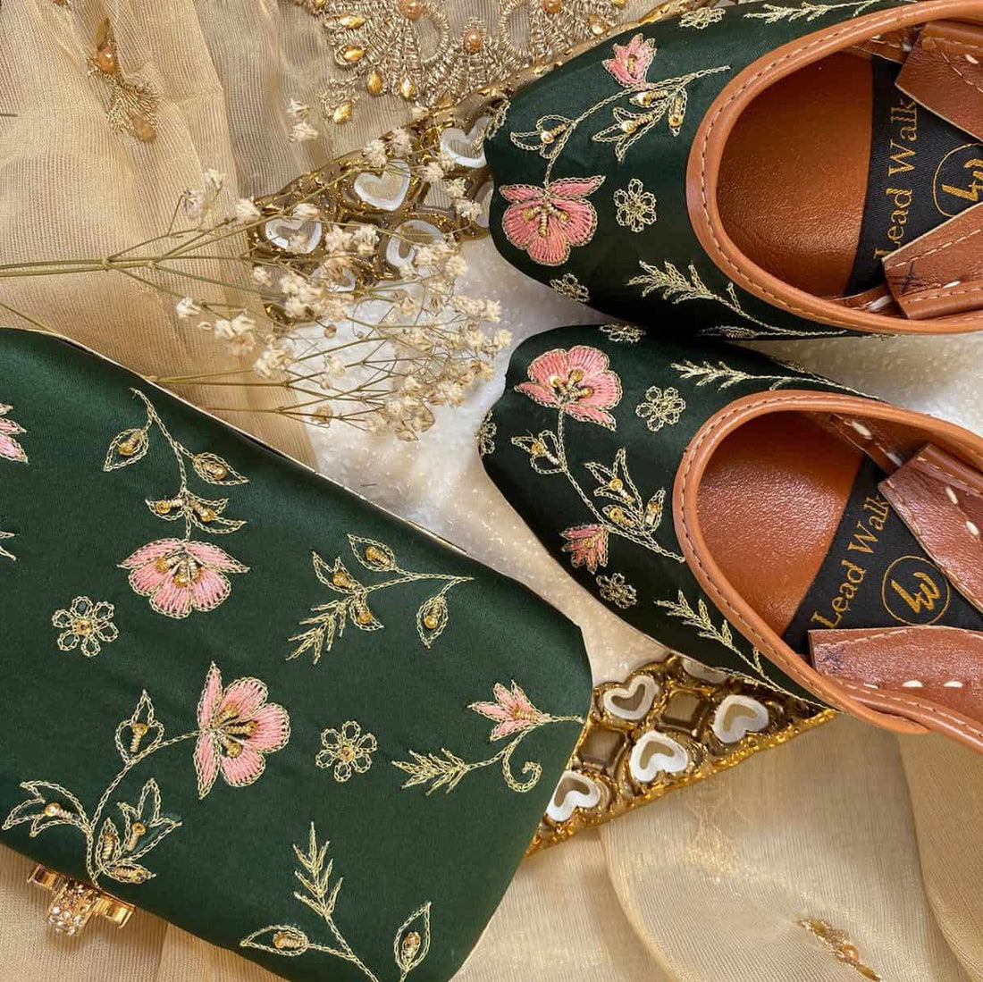 Zarreen Green Jutti & Clutch Duo – A Timeless Statement For Wedding