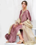 Royal Mauve Pleated Silk 3-Piece Suit with Zari Net Dupatta For Women